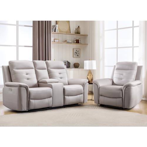 ANJ 2-Piece PU Leather Recliner Sofa Set with Charging Port, Include Single Power Recliner Chair and Electric Loveseat Reclining Couch with Hidden Storage & Cup Holders for Living Room, Beige