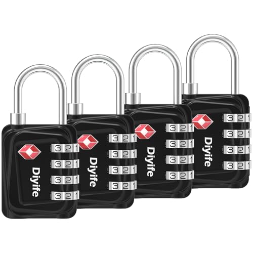TSA Luggage Locks, [4 Packs] Diyife 4-Digit Suitcase Lock, High Security Combination Padlocks with Zinc Alloy Body, Code Lock for Travel Luggage,Gym School Lockers, Bags (Black) by Diyife - Used condition - CA$16.35