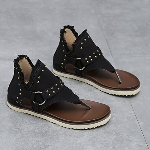 Women's Clip-Toe Flip Flops Studded Canvas Flat Sandals,Summer Fashion Buckle-Strap Back Zipper Orthopedic Open Toe Flops,Casual Fringe Boho Comfy Slip on Beach Slippers2
