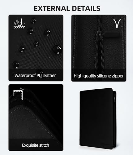 Image of Premium 16 Pocket Card Binder, Holds 1024 Cards for MTG TCG Sports Game Cards(Black,16 Pocket) | Large-capacity side-loading binder with zipper. No-ring design holds 1024 cards in clear pockets.