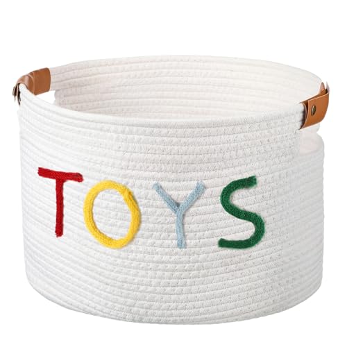 Yookeer Cute Woven Basket for Toys Stuffers, Large Cotton Rope Storage Basket with Handles for Living Room Nursery, Plush Animals, Building Blocks, Balls Organizer, 15 x 10 x 9 Inch