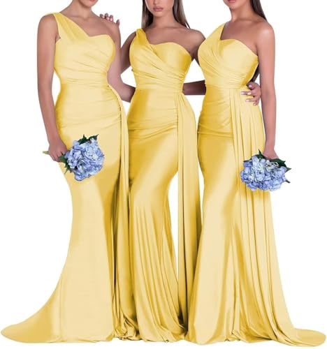 Satin Bridesmaid Dress One Shoulder Corset Prom Dresses Mermaid Formal Evening Gowns D-Yellow