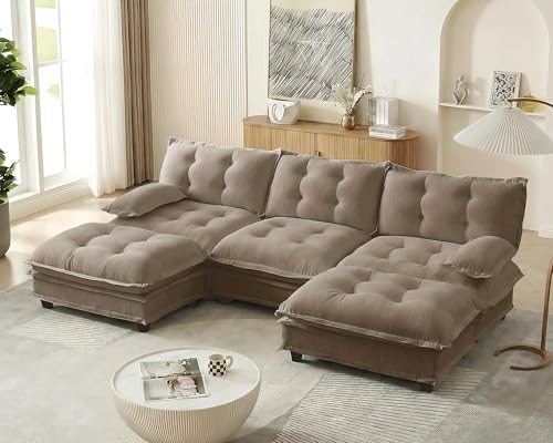 Image of 108 inch Sectional Sleeper Sofa with Ottoman, U Shaped Modular Deep Seat Couches for Living Room Apartment, Flexible Module Combination Cloud Sofa with Spring Support, Easy Assembly, Coffee
