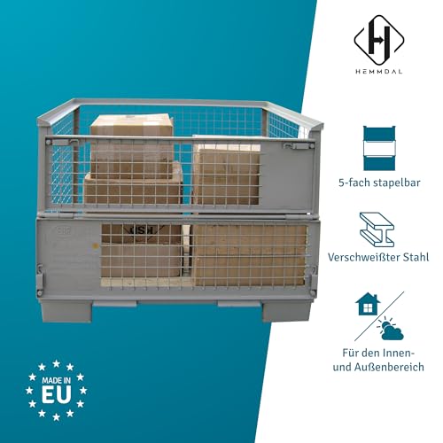 HEMMDAL Euro-Gitterbox mit 2 Doppelvorderwandklappe | 1.500 kg Tragkraft | HxBxT 97 x 124 x 83,5 cm | Grau | 5 x 5 cm Maschenweite | aus Stahl | stapelbar | tauschfähig | Gitterbehälter