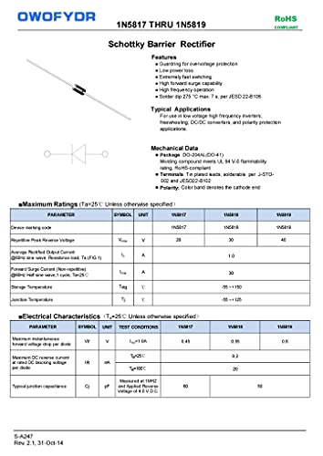 Owofydr 1N5817 Schottky Rectifier Diode 1A 20V 1A 20V Axial Electronic Silicon Diode Do-41 (120Pcs) #TOP4