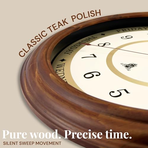 Image of HARRIS & CO. CLOCKMASTERS Luxury Wooden Time & Weekday Wall Clock, Weekly Analog Clock with Days, Hours & Minutes Markers, HD Clear Glass with Silent Sweep Noiseless (14 Inch) Model-Daybrook Road
