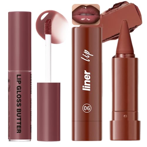 Lip Liner And Gloss Set,Dark Brown Plumping Lip Liner Stain& Moisturizing Butter Lip Gloss,Matte LipLiner & High Shine Glossy Lip Stain Lip Kit,Long Lasting Waterproof Lightweight Lipstick Care Set