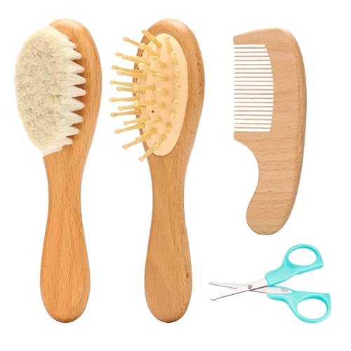 Image of Goat Baby Hair Brush Set, Wooden Comb Massage Scalp Comb, Safe Natural Hair Care Kit, Soft Silicone Bath Brush for Newborns Toddlers (Brush Set+ Baby Scissors)
