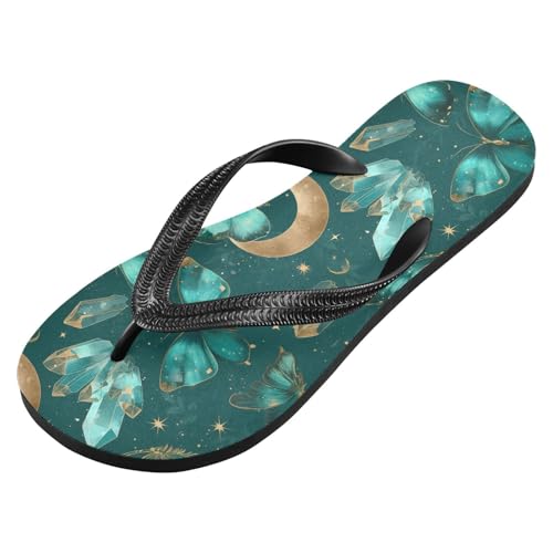 ALAZA Green Butterflies Full Moon Flip Flops for Women Fashion Beach Slippers Comfort Mens Flip Flops Non-Slip Rubber Shower Slippers Sandal for Hotel Travel Sport,XS2