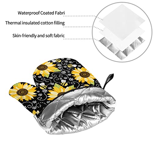 Sunflower Bees Oven Mitts And Pot Holders Sets Of 4 High Heat Resistant Oven Mitts With Oven Gloves And Hot Pads Polyester Potholders For Kitchen Baking Grilling Bbq Non-Slip Cooking Mitts #TOP7