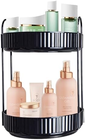 2 Tier 360° Rotating Makeup Organizer,Bathroom Makeup Carousel Spinning Holder Rack, High-Capacity Skincare Clear Make Up Storage Perfume Organizers Cosmetic Dresser (Black)