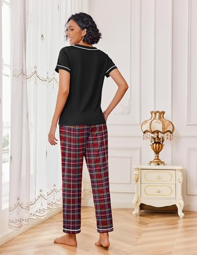 Ekouaer Pajamas for Women Set 2 Piece Lounge Set Soft Pajama Sets Short Sleeve and Pants Pj Sets Loose Sleepwear with Pockets Red Plaid — view 5
