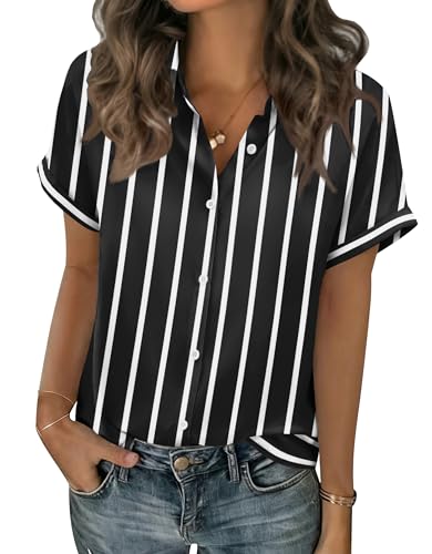 Zeagoo Womens Tops Black and White Striped Shirt Short Sleeve Summer Blouses Cute Spring Work Shirts