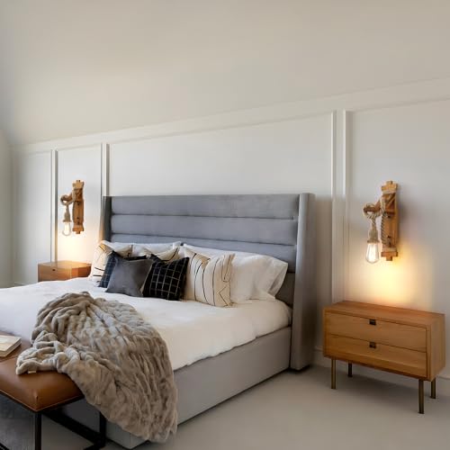 SEEBLEN Wall Sconces Set of Two Farmhouse Wooden Wall Sconce with Natural Hemp Rope,Boho Wall Lamps for Bedroom Beside Living Room Fireplace. by SEEBLEN - Image 9