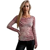 Muster Langarmshirt Damen Transparentes Oberteil Figurbetont Tierdruck Netzoberteil Rundhals Slim Fit Top Für Damen Elegant Freizeitshirt Party Shirt Streetwear (Red, L)