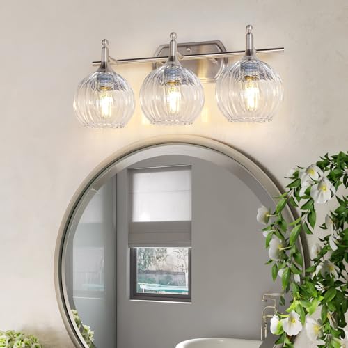 Image of Bathroom Vanity Light Brushed Nickel Bathroom Light Fixtures with Clear Glass Shade Hardwired E26 Base(Max 60W) Chrome Modern 3-Light Vanity Lights