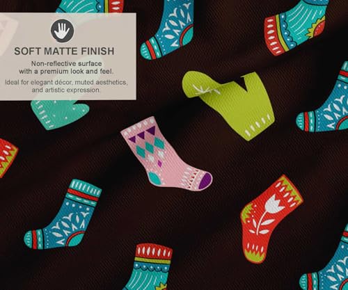 Image of Soimoi Brown Cotton Canvas Fabric Socks & Gloves Folk Art Print Fabric by the Meter 56 Inch Wide