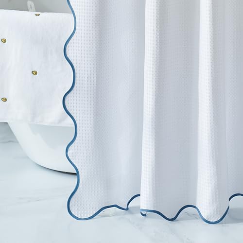 youngseahome Waffle Weave 230GSM Heavy Duty Fabric with Water Blue Scalloped Border Shower Curtain,Boho Chic Cloth Shower Curtain for Bathroom Showers,72 x 84 Inches by youngseahome - Image 6