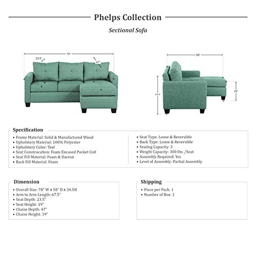 Homelegance Phelps 78" X 58" Fabric Reversible Chaise Sofa, Teal #TOP5