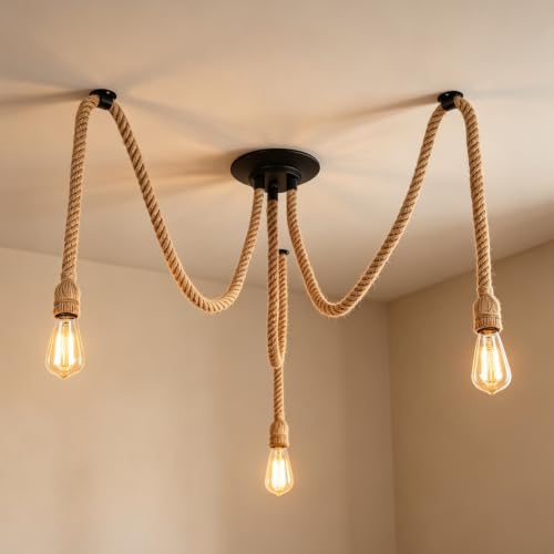 Suspension 3 Cordes, 1,5m Lustre Suspention à 3 Têtes, Lampe Araignée DIY, Suspension Luminaire Industrielle für Chambre à Coucher Salon Cuisine Loft, fur E27