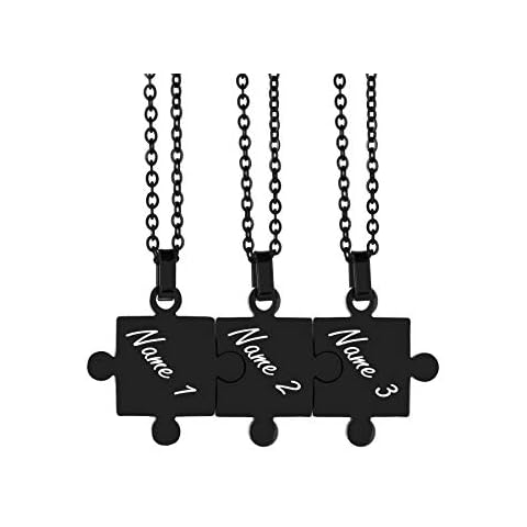 MZZJ Personalized 3 Puzzle Piece BFF Friendship Necklace Set Black Stainless Steel Pendant Neckalce Set for Best Friend Sisters,Custom Name Initial Monogram Neckalce,Bridesmaid Jewelry,Style B Cover