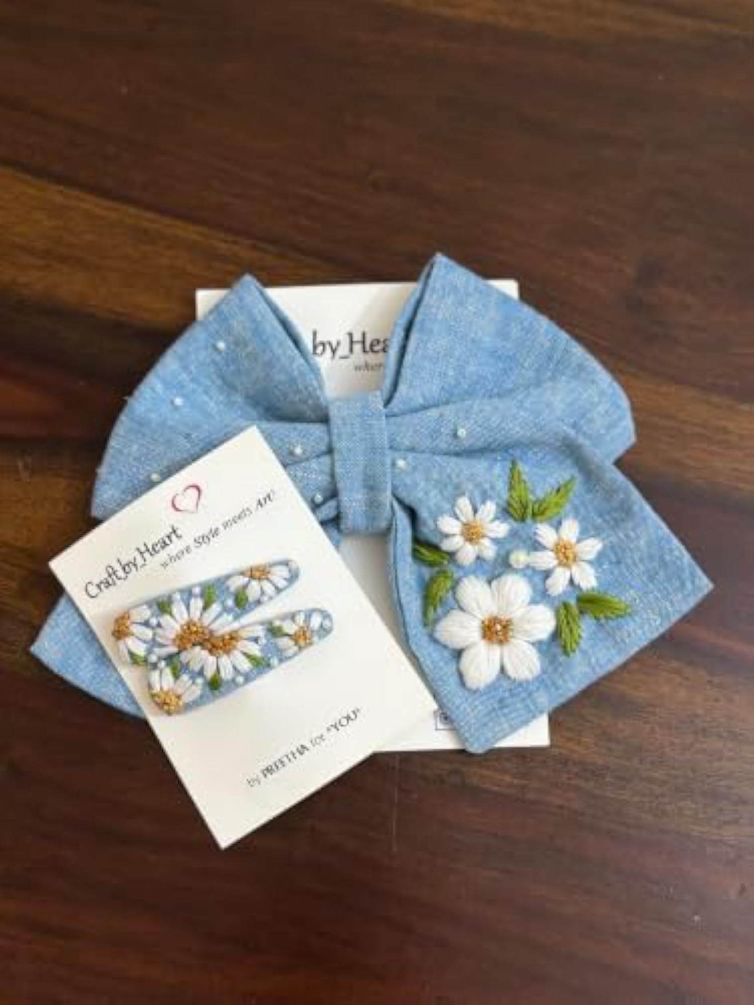 Handmade Daisy Embroidered Blue Denim Hair Bow & Tic Tac Clip Set