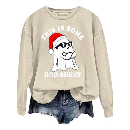 Sudadera con capucha para mujer, diseño de Halloween, manga larga, cuello redondo, suéter largo para mujer, beige, M