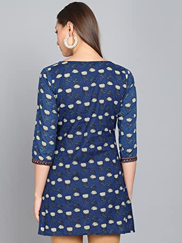 Image of Rapsodia Womens Cotton Navy Blue Floral Printed Short Kurti with Embroiderey
