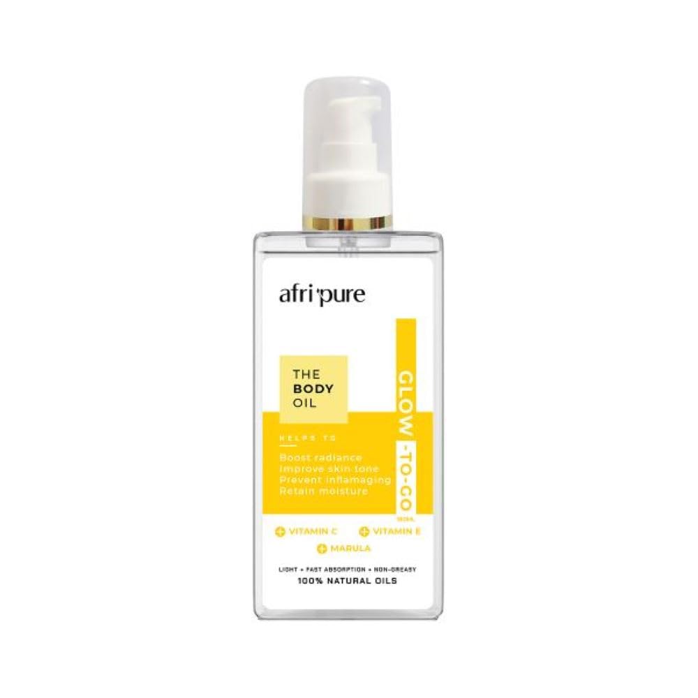 AFRI Pure Body Oil - Glow-to-Go 180ml, Skin Moisturizer with Vitamin C, Vitamin E, and Marula, Boosts Radiance and Improves Skin Tone