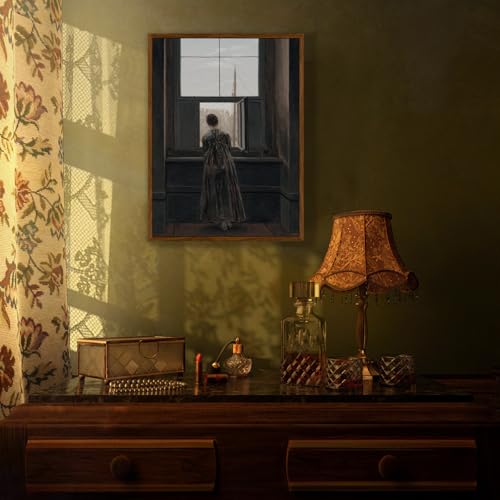 crmotu Framed Canvas Wall Art, Vintage Portrait Paintings Wall Decor, Woman by the Window Dark Art Prints, Retro Lady Back Pictures Rustic Farmhouse Home Decor Living Room Bedroom Bathroom 12x16in