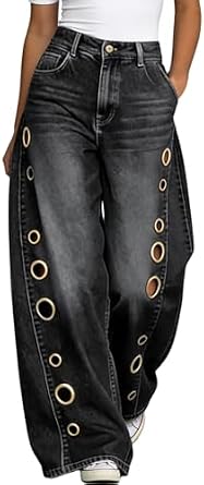 eyelet wide-leg dark wash jeans
