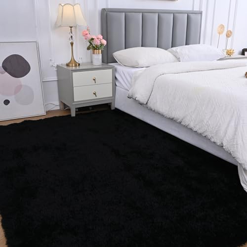 Fluffyrug Black for Bedroom 3x5 - Plush Soft Bedside Dorm