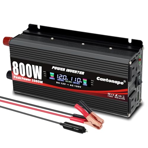 Image of Cantonape 800W Car Power Inverter DC 12V to 110V/120V AC Converter with LCD Display Dual AC Outlets and USB Port Car Charger for Car Laptop Truck Black