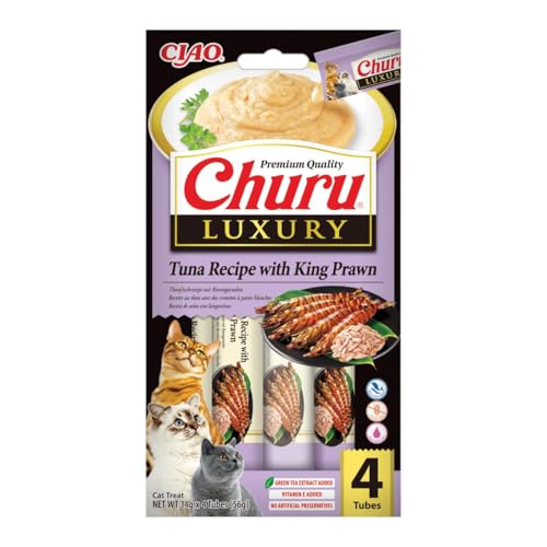 Ciao Churu Luxury Sticks by INABA Cat Treat - Tuna with King Prawn Recipe (4 x 14g) / Soft & Creamy Luxury Cat Treat, Delicious & Healthy Snack, Purée Food Topper, Pill Assist, Natural, Grain Free