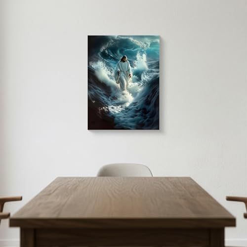 Christian Wall Art, Framed Jesus Walking on Water Canvas Painting, Blue Ocean Religious Inspirational Poster for Church, Living Room, Bedroom, Home Decor – 16x24 Inch Ready to Hang by QkyLuck - Used condition - Image 4