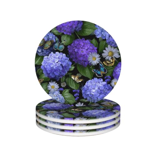 Image of Drink Coasters Set of 4 Non-Slip Ceramic Coasters with Holder Hydrangeas Daisies Butterflies Coasters for Drinks Tabletop Protection Cups Mugs Mat Pads for Coffee Table Bar Home Decor