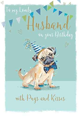 Tarjeta de cumpleaños con texto en inglés"To My Lovely Husband On Your Birthday with Pugs and Kisses" de Ling Design