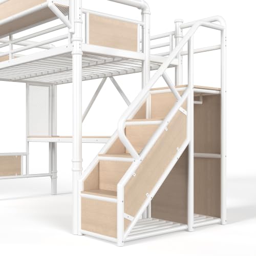 Image of Bellemave Twin loft Bed with Storage Stairs, Wardrobe, Shelves, Metal Twin Loft Bed Frame for Adults, Kids, Teens, White+Natural Wood with Stairs