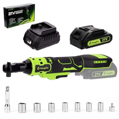 Yougfin Electric Ratchet Wrench 21V, 3/8' Cordless Ratchet Wrench 40 N.M, Battery Powered Ratchet with Battery & Charger (2.0Ah), Power Socket Torque Wrench Ratchet with 7 Sockets