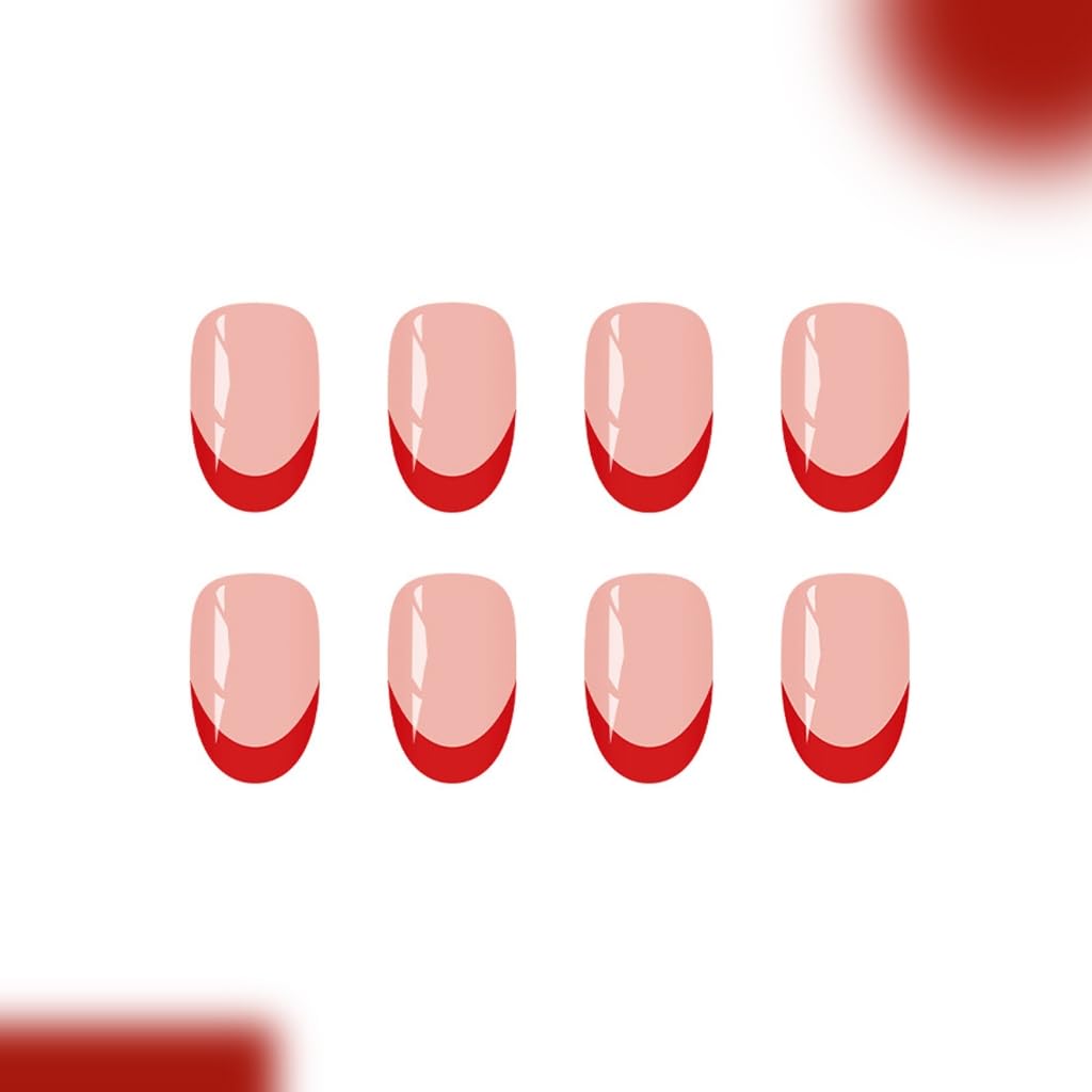 French Styles 24Pcs Glossys Red Holiday Design Short Almond Shape Sparkles Easy Application
