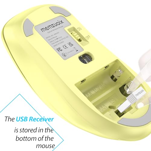 Image of memzuoix 2.4G Wireless Mouse, 1400 DPI Computer Mice USB Receiver, Portable Wireless USB Mouse Battery Powered Cordless Mice for Laptop, PC, Desktop, 5 Buttons (Light Yellow)