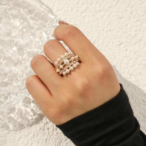 HUASAI Pearl Rings for Women Adjustable Open Pearls Finger Ring Stretch Stackable Rings Wedding Ring Accessories Jewelry Gifts Stocking Stuffers4
