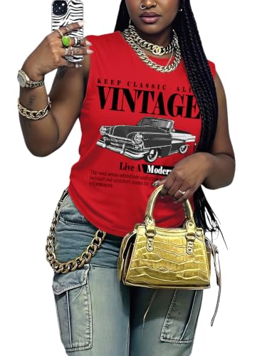 RoseSeek Women's Vintage Graphic Car Print Summer Tank Top Red | Crewneck Sleeveless Tops Streetwear, Red, X-Large