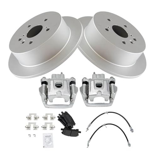 Image of TRQ Rear Brake Pad and Rotor Set Semi Metallic Coated Rotors Calipers Compatible with 2004-2006 Lexus RX330 2007-2009 RX350 2006-2008 RX400h 2006-2007 Toyota Highlander with All Wheel Drive