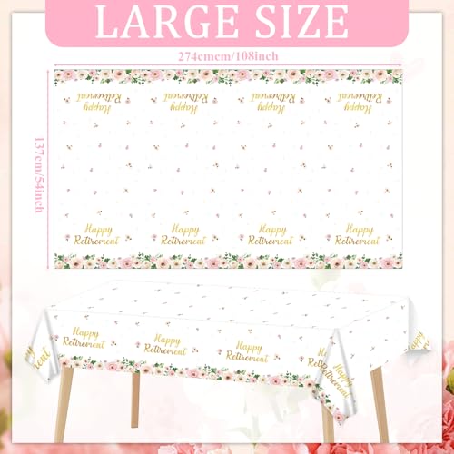 Image of 3Pcs Flower Retirement Tablecloths Happy Retirement Party Decorations White Peony Table Covers Pink Gold Floral Plastic Disposable Table Decor for Women Goodbye Going Away Party Supplies 54 x 108 Inch