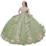 Zhangyo Off Shoulder Lace Quinceanera Dresses Ball Gown Long Puffy Tulle Sweet 15 16 Dresses Beading for Women Tassel Prom Dresses with Train with Bow 2 Sage Green