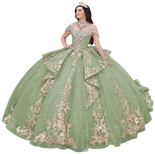 Zhangyo Off Shoulder Lace Quinceanera Dresses Ball Gown Long Puffy Tulle Sweet 15 16 Dresses Beading for Women Tassel Prom Dresses with Train with Bow 2 Sage Green