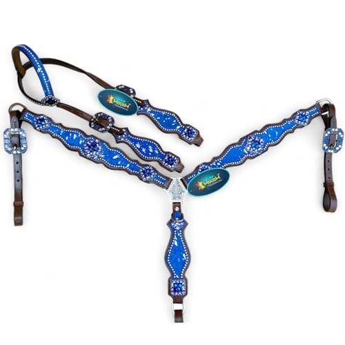 MOUSM Western Headstall & Breast Collar Tack Set, Argentina Cow Leather, Silver Metallic Acid Wash Cowhide Look with Rhinestones, (Royal Blue)