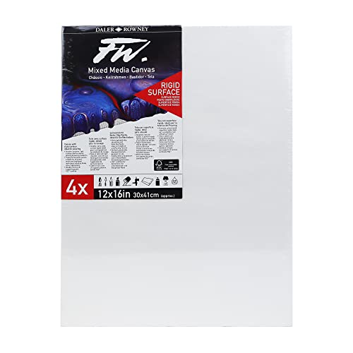 Daler-Rowney FW 12 x 16in White Stretched Canvas, Medium Grain, 10mm Deep, 4 Pack, For Professional Artists & Students