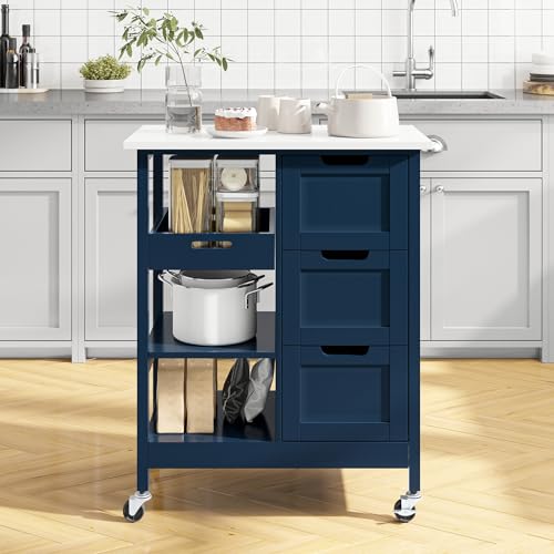 YITAHOME Small Solid Wood Top Kitchen Island Cart on Wheels with Storage, Rolling Portable Dining Room Serving Utility Carts Mobile Movable with 3 Drawers Cabinet, Gray by YITAHOME - Image 3